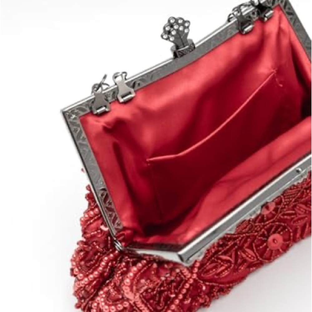Red Beaded Evening Crossbody Bag with Silver Hardware - Picture 7 of 10